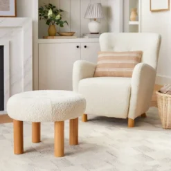 Kessler Round Tufted Faux Shearling Ottoman With Wood Legs Cream - Threshold™ Designed With Studio McGee -Whalen Furniture GUEST 04b65af8 a754 447b a4dd 3ee4c3c36a15