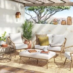 Steel And Wicker Britanna Rust Resistant Outdoor Patio Loveseat Arm Chair Light Brown - Threshold™