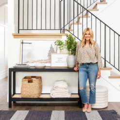 Console Table With Woven Rattan Shelf Black - Threshold™ Designed With Studio McGee -Whalen Furniture GUEST 8850858f 6d86 4502 8112 f583beb8eb20