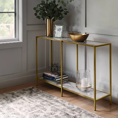 Faux Marble And Metal Console Table Gold - Threshold™: Sleek Two-Tiered, Rectangular Design, 30" High 3 Faux Marble And Metal Console Table Gold - Threshold™: Sleek Two-Tiered, Rectangular Design, 30" High
